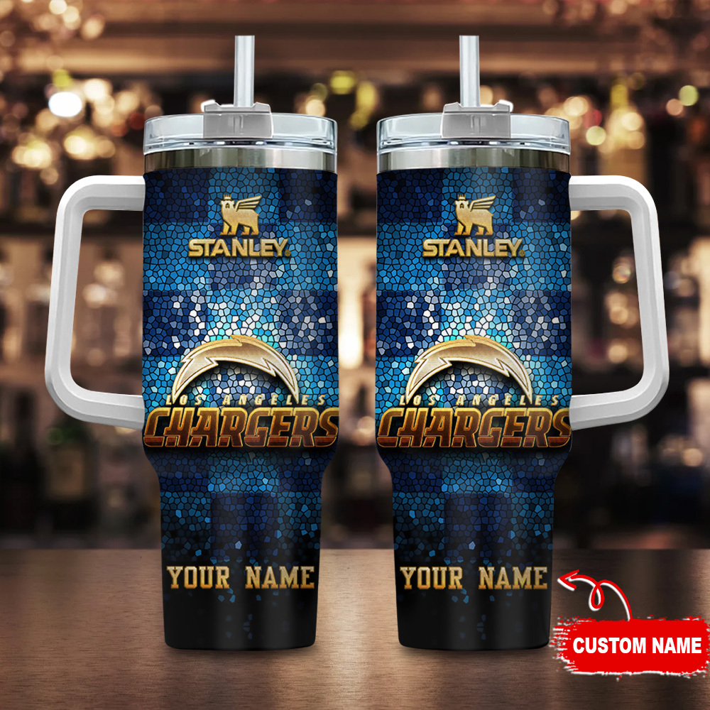 Los Angeles Chargers NFL Glitter Golden Logo Custom Stanley Quencher 40oz Stainless Steel Tumbler With Handle