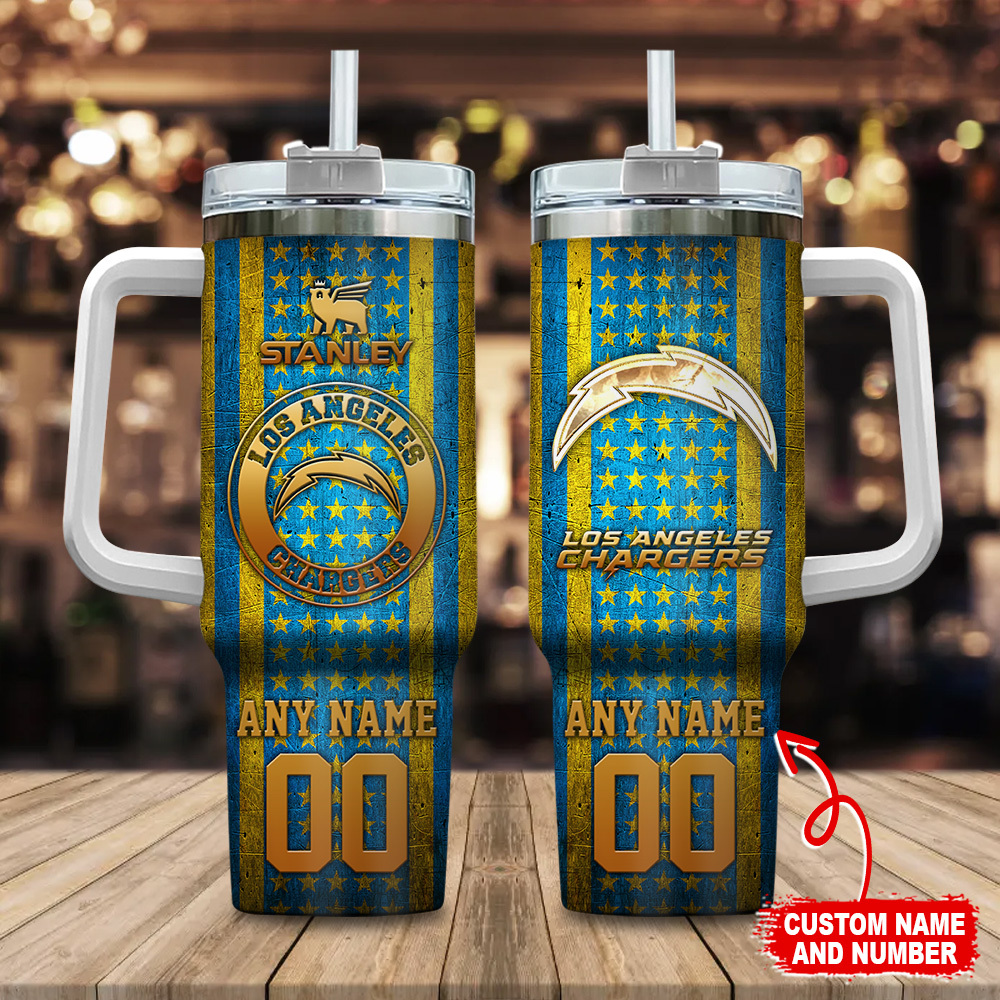 Los Angeles Chargers NFL Golden Logos US Flag Custom Stanley Quencher 40oz Stainless Steel Tumbler With Handle