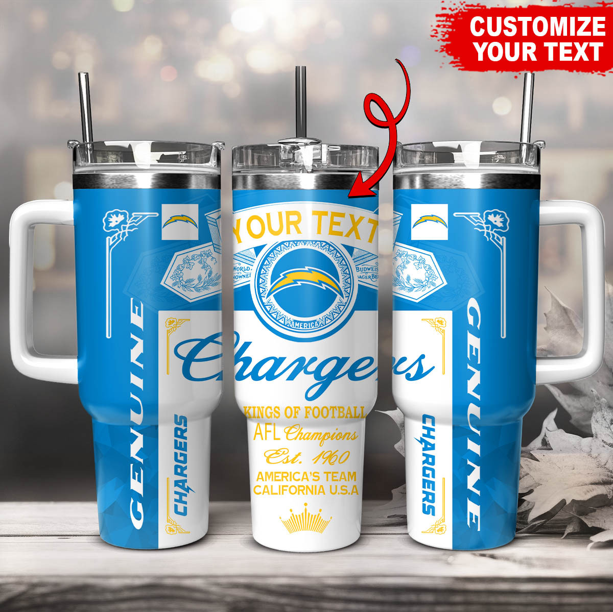 Los Angeles Chargers NFL Kings Of Football Custom Stanley Quencher 40oz Stainless Steel Tumbler With Handle
