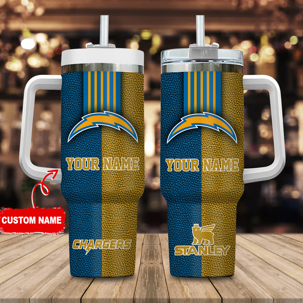 Los Angeles Chargers NFL Leather Effect Custom Stanley Quencher 40oz Stainless Steel Tumbler With Handle