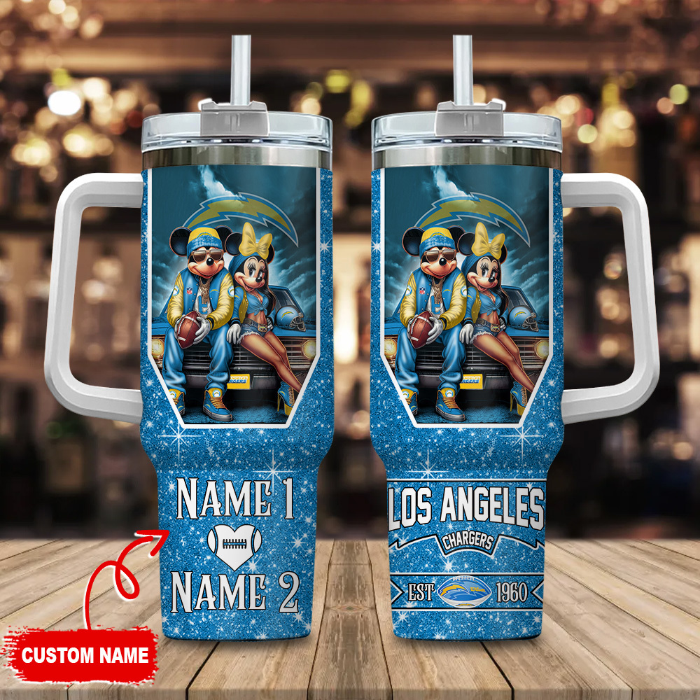 Los Angeles Chargers NFL Mickey And Minnie Couple Custom Stanley Quencher 40oz Stainless Steel Tumbler With Handle