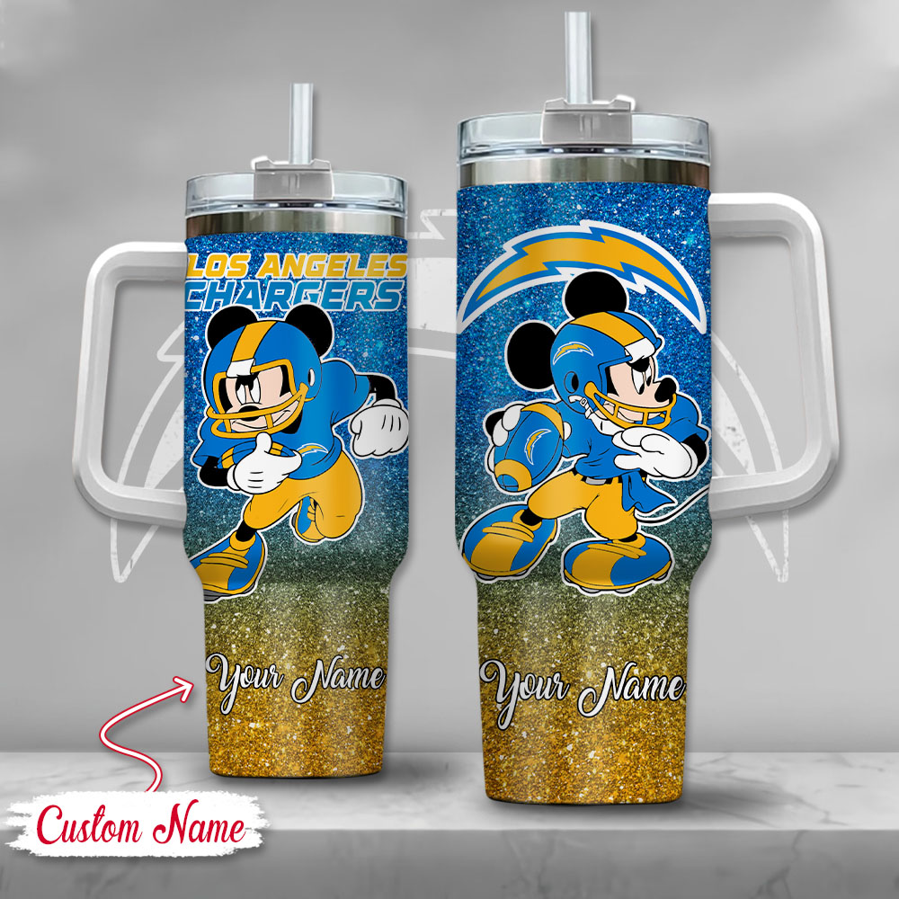 Los Angeles Chargers NFL Mickey Mouse Glitter Custom Stanley Quencher 40oz Stainless Steel Tumbler With Handle
