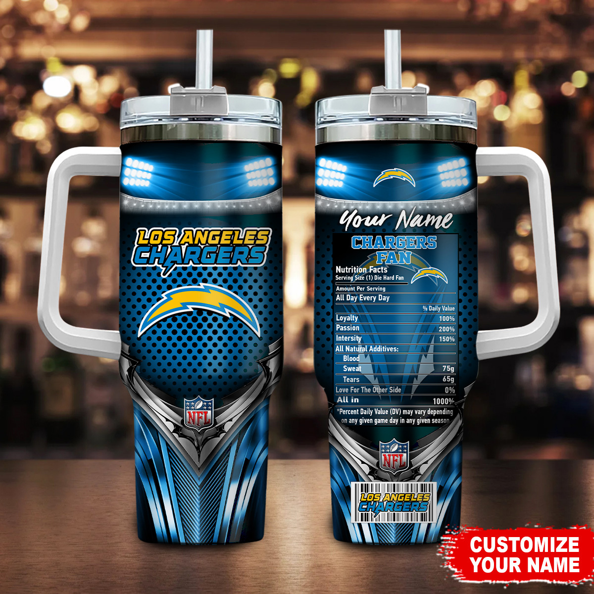 Los Angeles Chargers NFL Nutrition Facts Custom Stanley Quencher 40oz Stainless Steel Tumbler With Handle