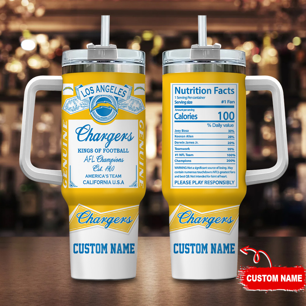 Los Angeles Chargers NFL Nutrition Facts Custom Stanley Quencher 40oz Stainless Steel Tumbler With Handle