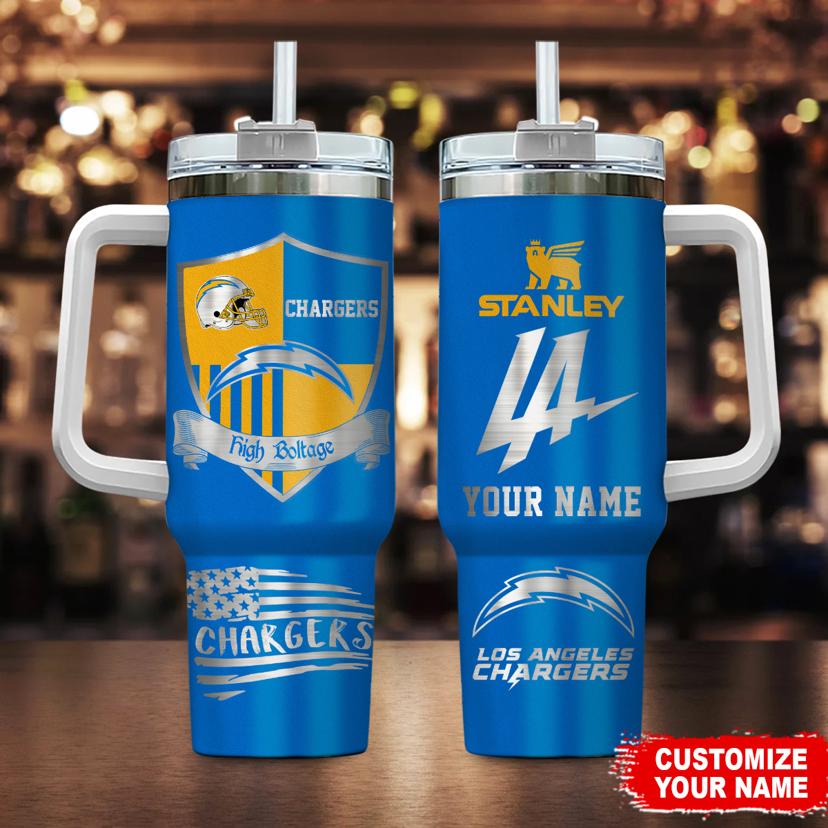 Los Angeles Chargers NFL Silver Logo Custom Stanley Quencher 40oz Stainless Steel Tumbler With Handle
