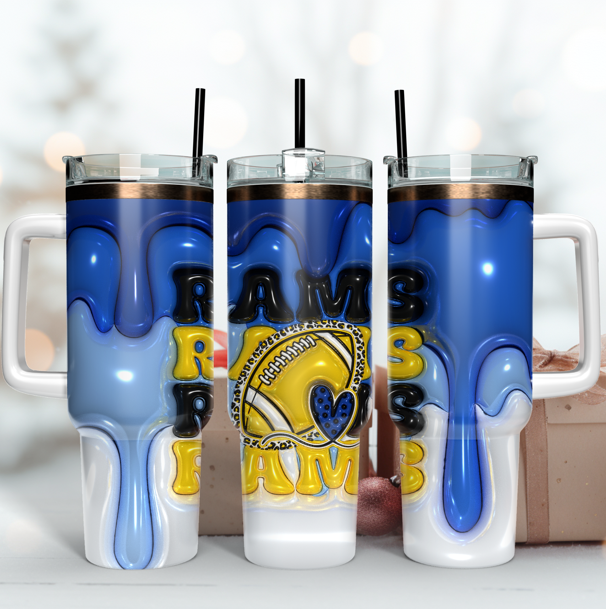 Los Angeles Rams NFL 3D Inflated Puff Effect Custom Stanley Quencher 40oz Stainless Steel Tumbler With Handle