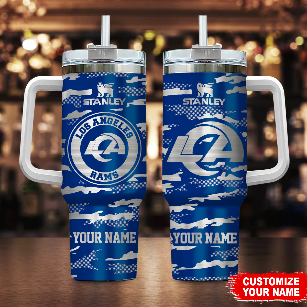 Los Angeles Rams NFL Camo Pattern Custom Stanley Quencher 40oz Stainless Steel Tumbler With Handle