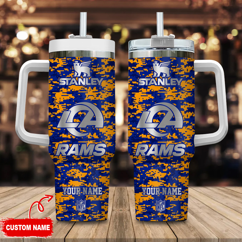 Los Angeles Rams NFL Camouflage Silver Logo Custom Stanley Quencher 40oz Stainless Steel Tumbler With Handle