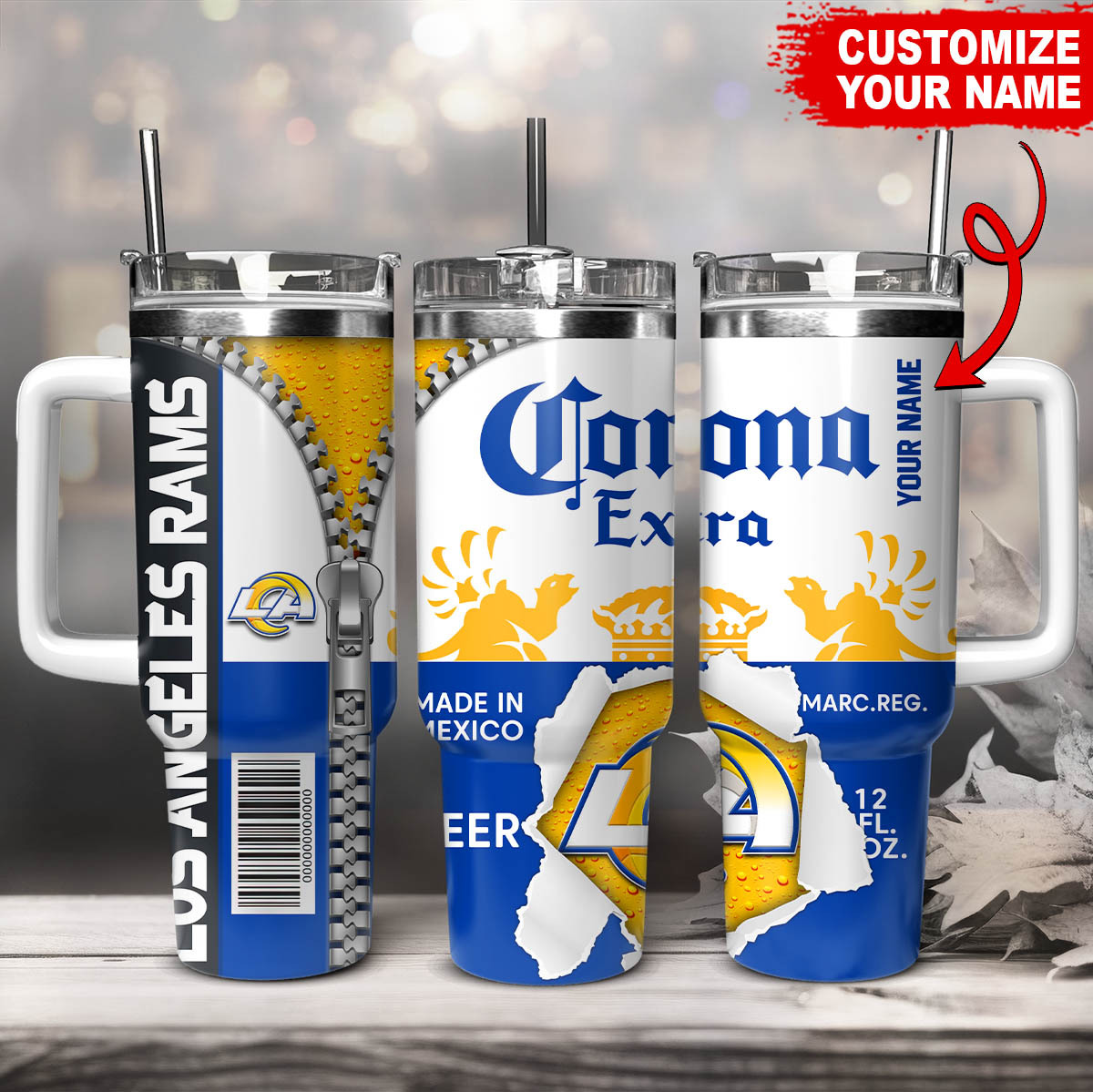 Los Angeles Rams NFL Corona Extra Custom Stanley Quencher 40oz Stainless Steel Tumbler With Handle