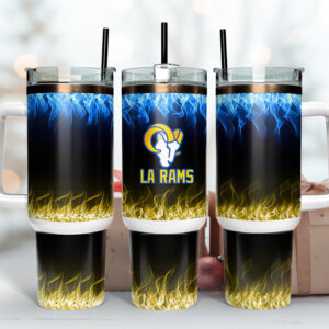 Los Angeles Rams NFL Fire Effect Custom Stanley Quencher 40oz Stainless Steel Tumbler With Handle