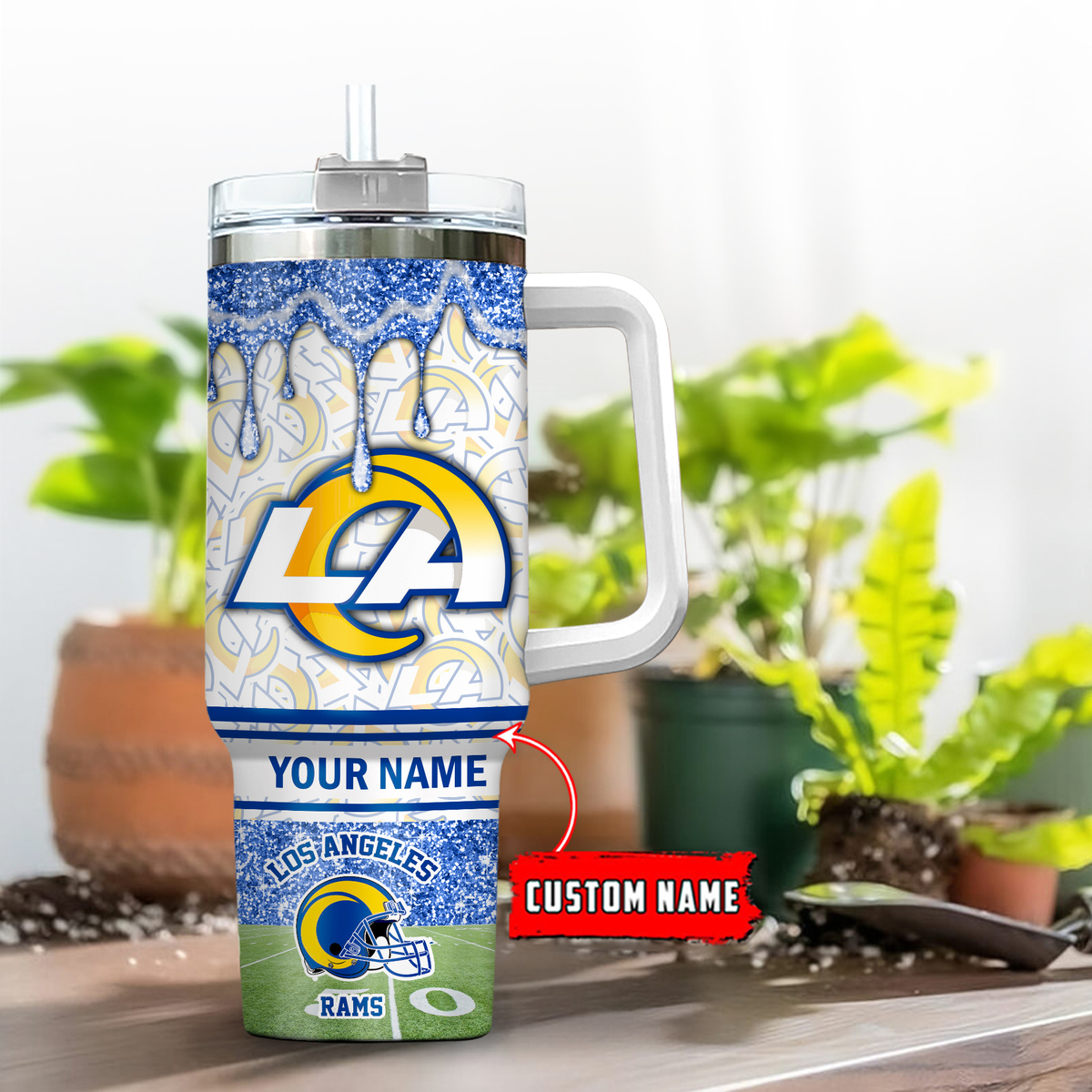 Los Angeles Rams NFL Glitter Custom Stanley Quencher 40oz Stainless Steel Tumbler With Handle