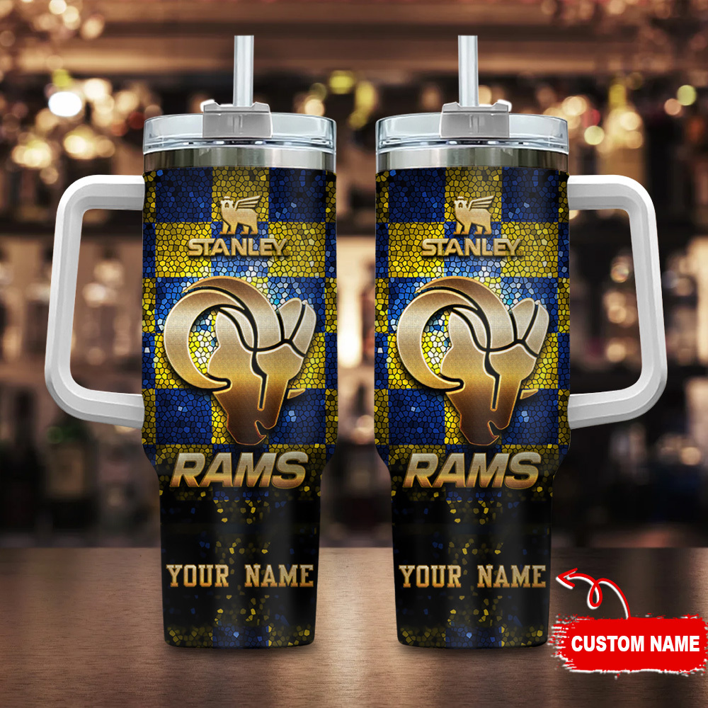 Los Angeles Rams NFL Glitter Golden Logo Custom Stanley Quencher 40oz Stainless Steel Tumbler With Handle