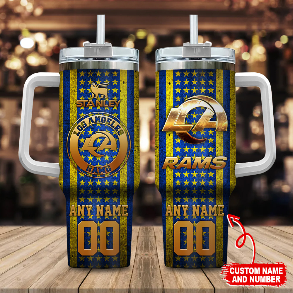 Los Angeles Rams NFL Golden Logos US Flag Custom Stanley Quencher 40oz Stainless Steel Tumbler With Handle