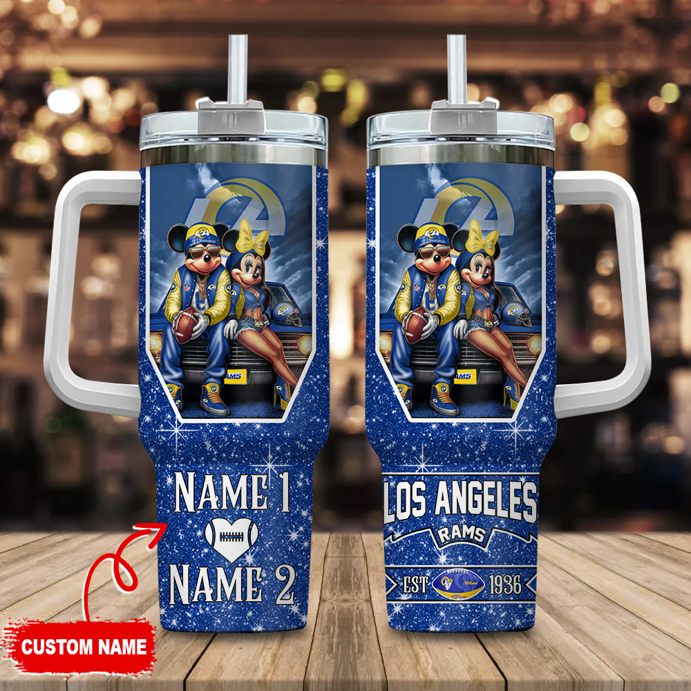 Los Angeles Rams NFL Mickey And Minnie Couple Custom Stanley Quencher 40oz Stainless Steel Tumbler With Handle