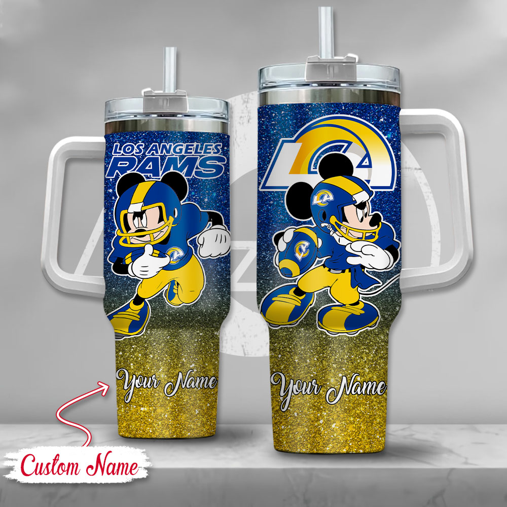 Los Angeles Rams NFL Mickey Mouse Glitter Custom Stanley Quencher 40oz Stainless Steel Tumbler With Handle