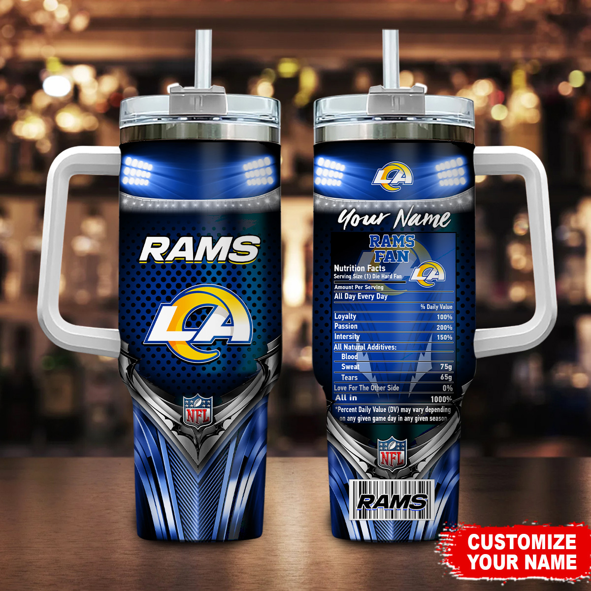 Los Angeles Rams NFL Nutrition Facts Custom Stanley Quencher 40oz Stainless Steel Tumbler With Handle
