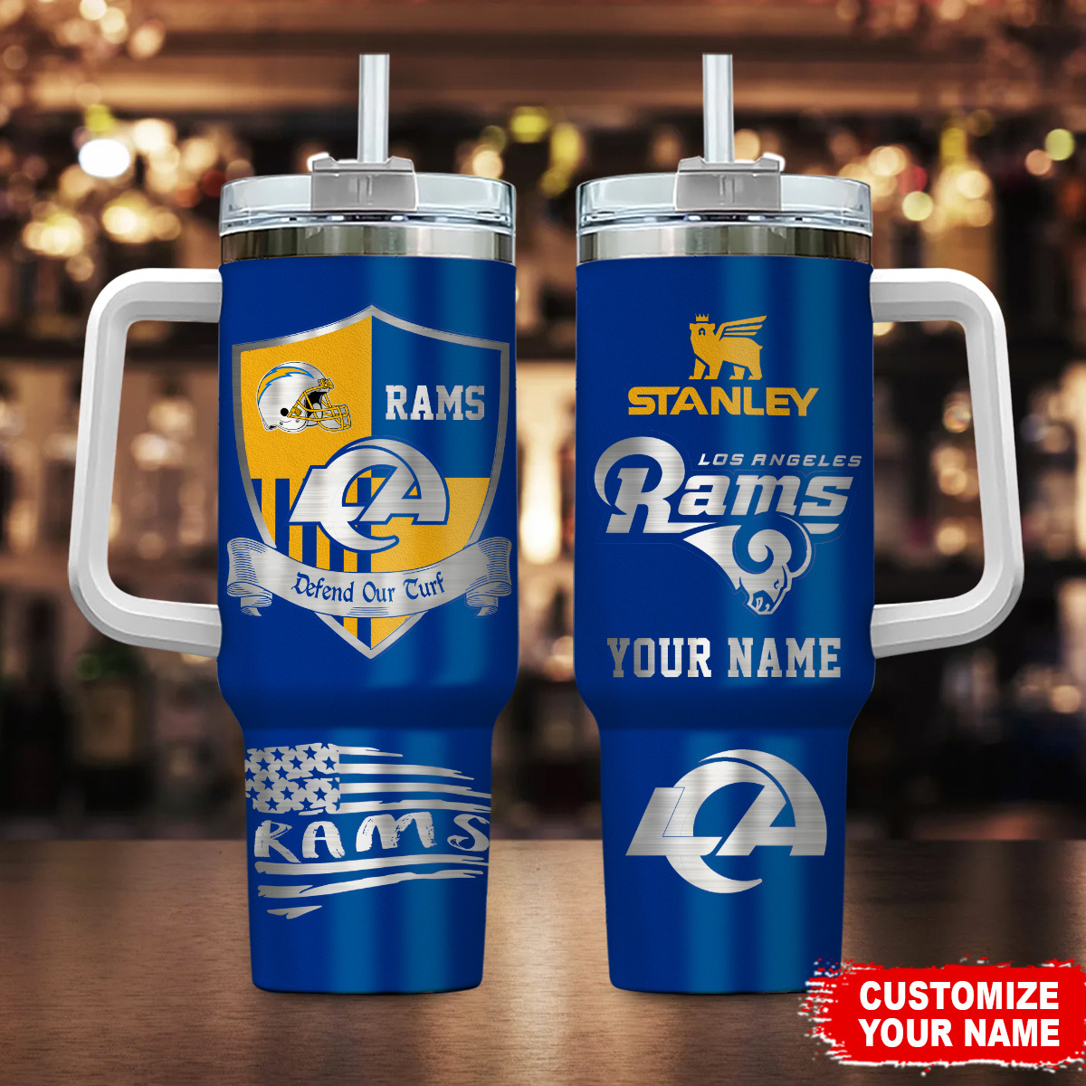 Los Angeles Rams NFL Silver Logo Custom Stanley Quencher 40oz Stainless Steel Tumbler With Handle