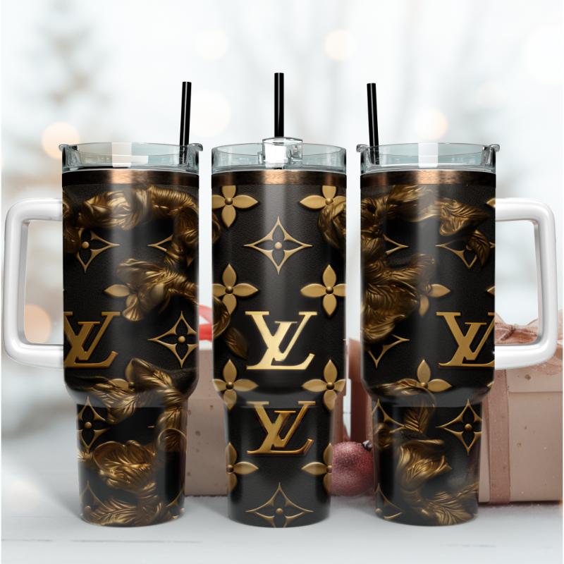 Louis Vuitton Black And Gold LV 3D Pattern Custom Stanley Quencher 40oz Stainless Steel Tumbler With Handle