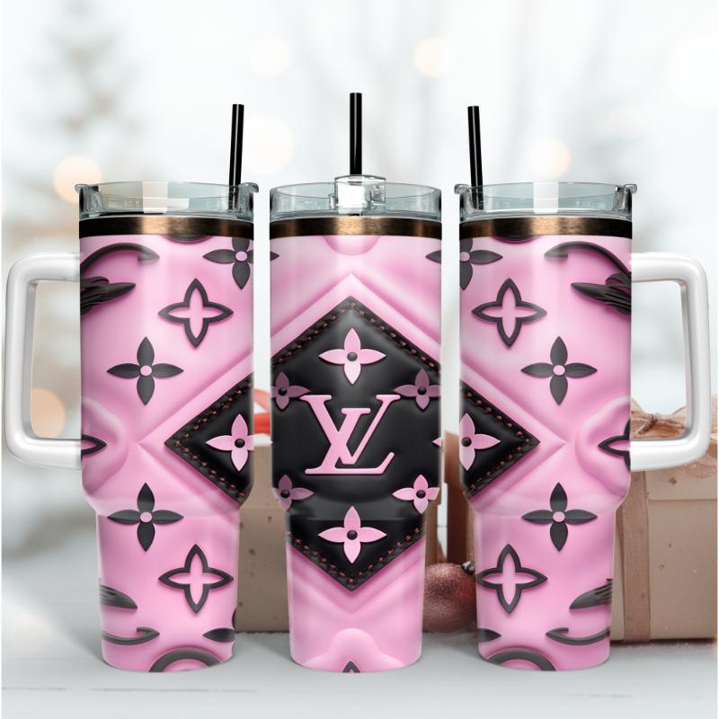 Louis Vuitton Black and Pink LV 3D Pattern Custom Stanley Quencher 40oz Stainless Steel Tumbler With Handle