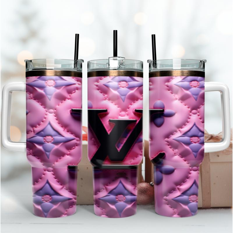 Louis Vuitton Black LV Logo Pink Pattern 3D Custom Stanley Quencher 40oz Stainless Steel Tumbler With Handle