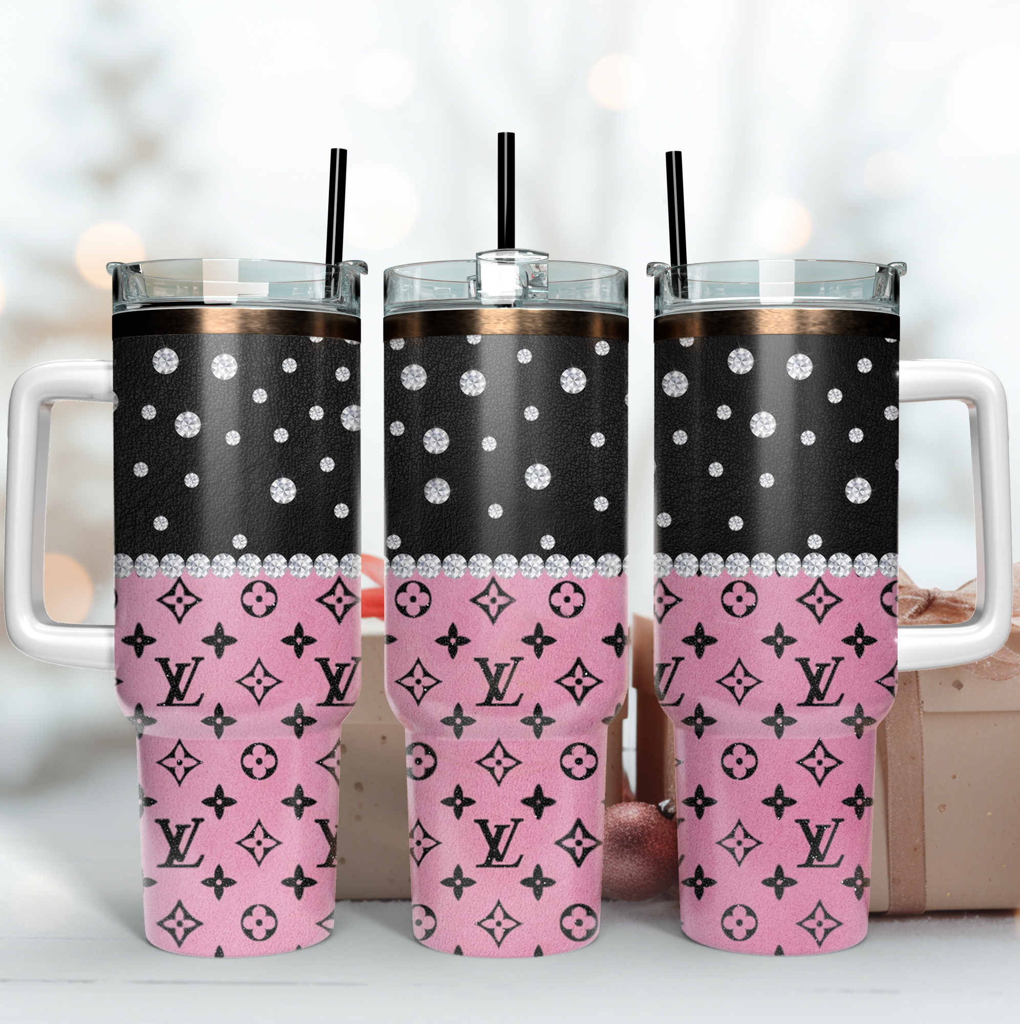 Louis Vuitton Black Pink LV Logo Custom Stanley Quencher 40oz Stainless Steel Tumbler With Handle