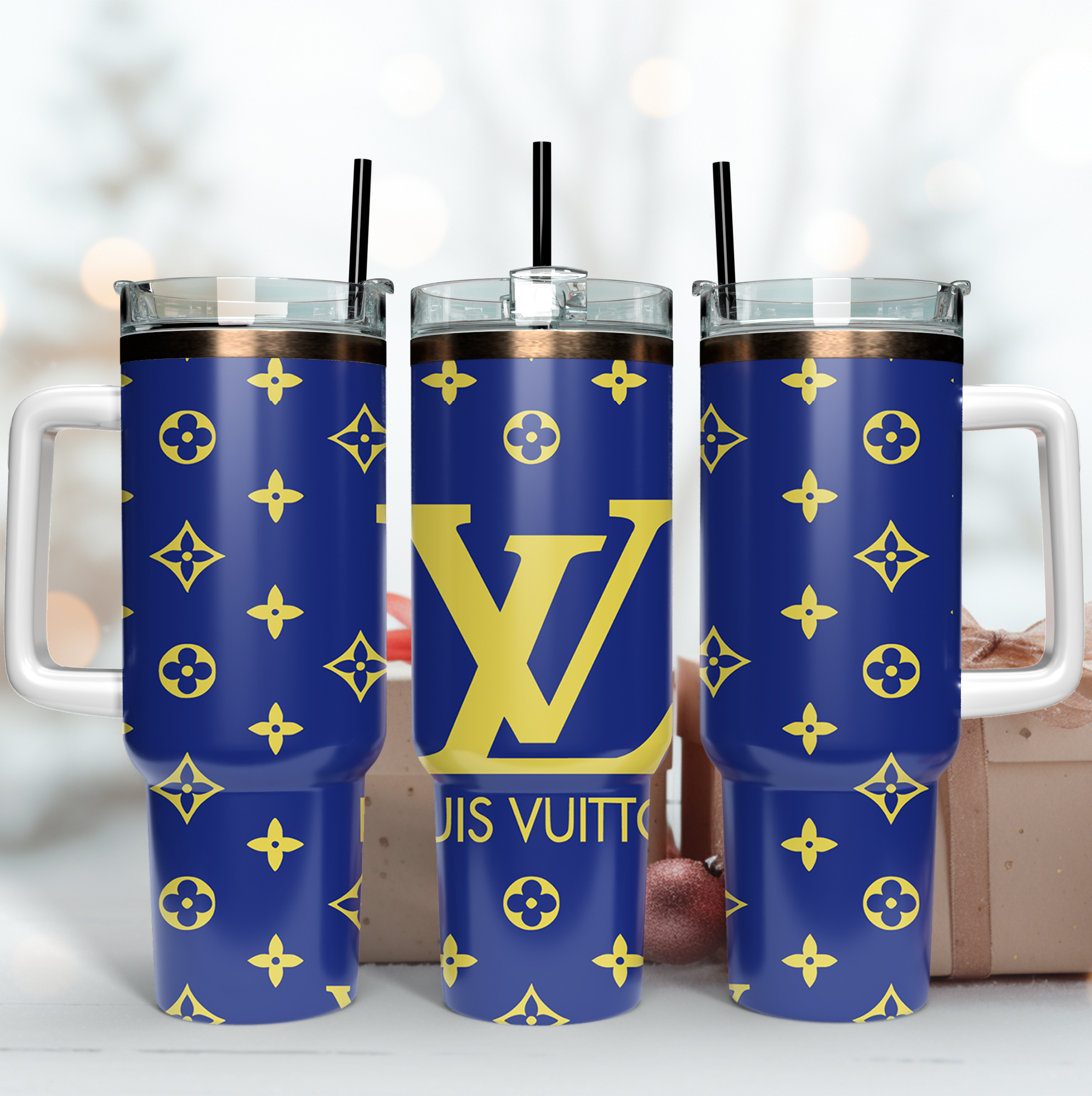 Louis Vuitton Blue and Gold LV Logo Custom Stanley Quencher 40oz Stainless Steel Tumbler With Handle