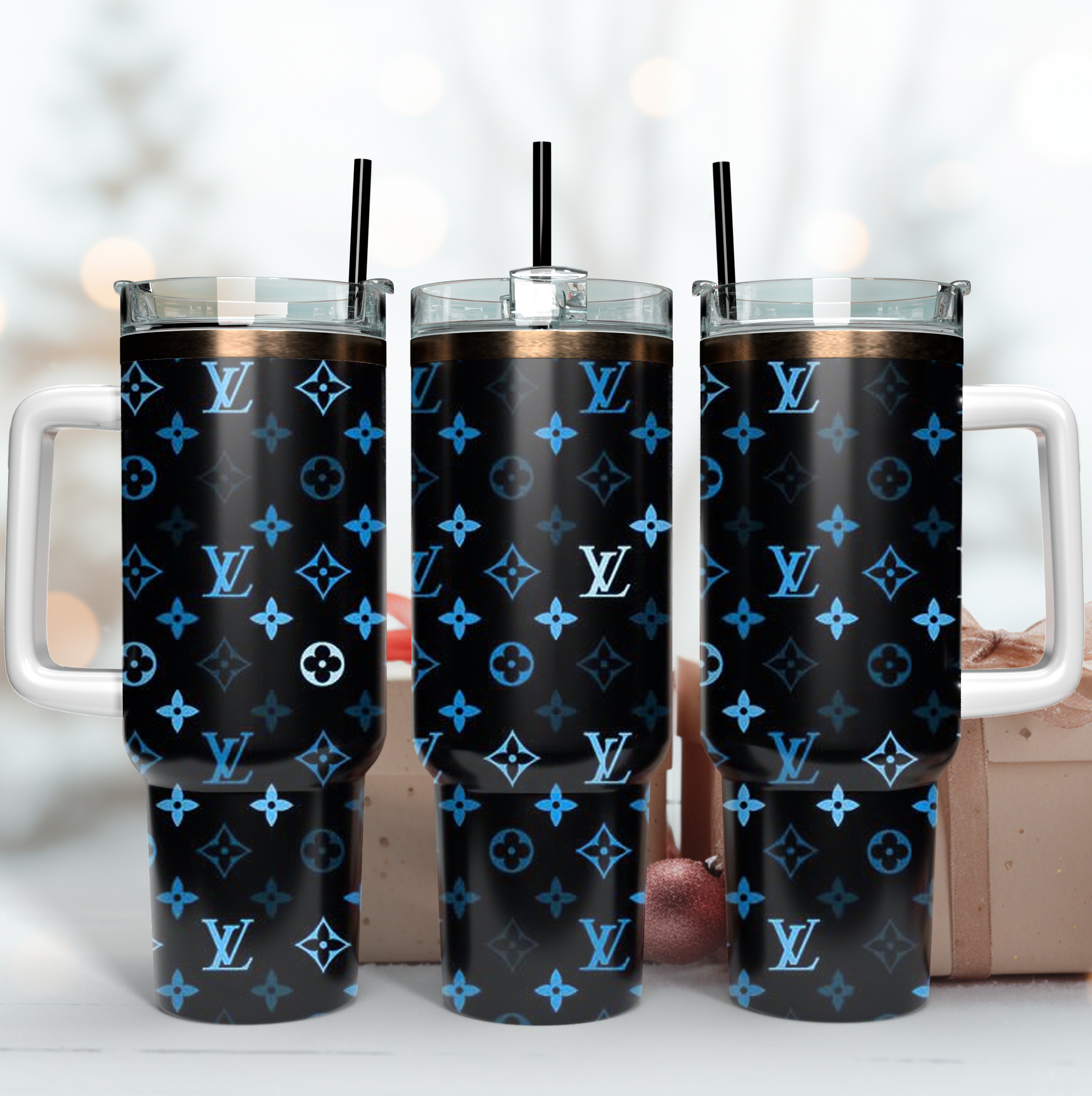 Louis Vuitton Blue LV Logo Custom Stanley Quencher 40oz Stainless Steel Tumbler With Handle