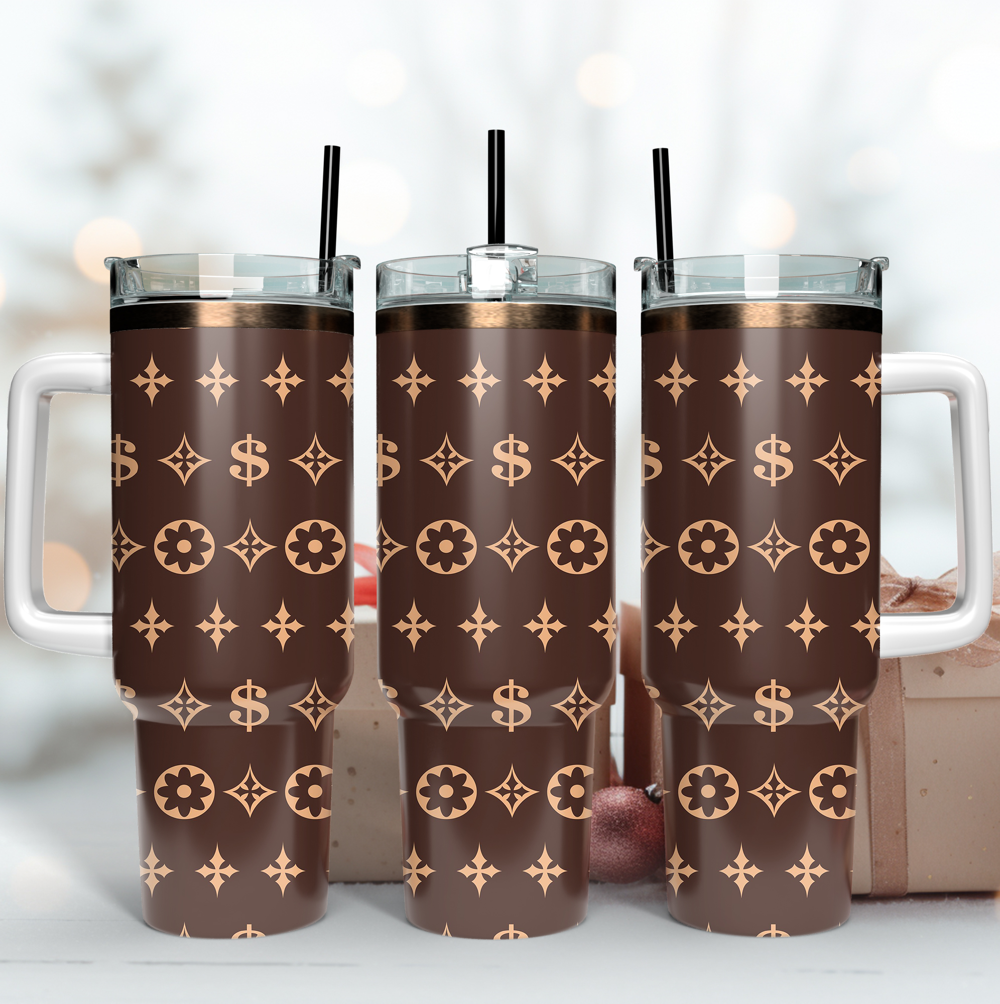 Louis Vuitton Brown LV Logo Custom Stanley Quencher 40oz Stainless Steel Tumbler With Handle