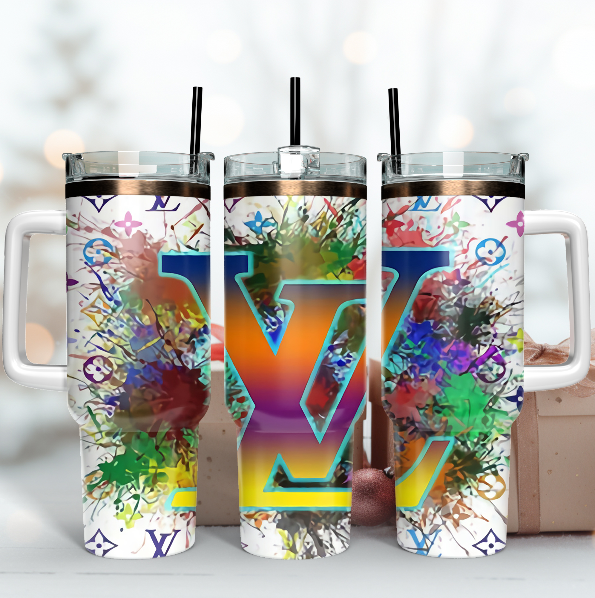 Louis Vuitton Colorful LV Logo Custom Stanley Quencher 40oz Stainless Steel Tumbler With Handle