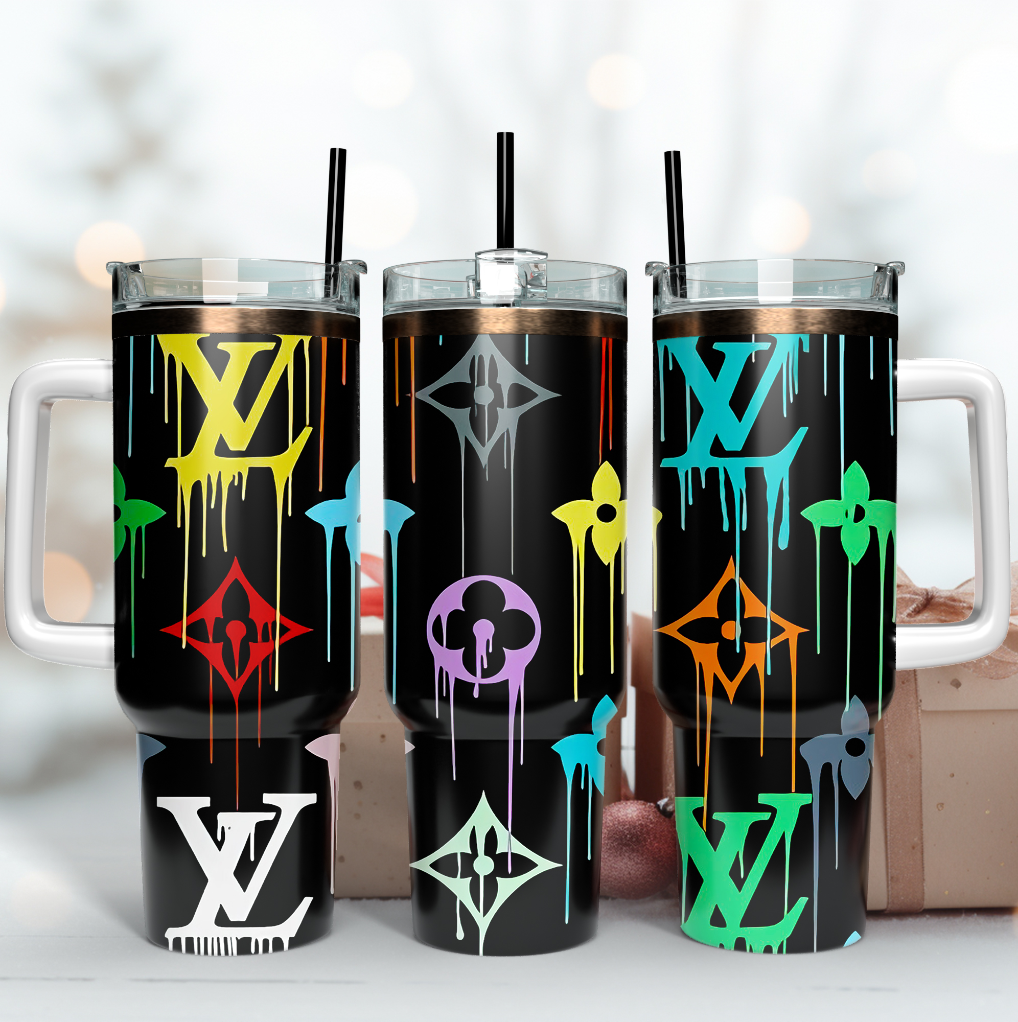 Louis Vuitton Colorful LV Logo Dripping Effect Custom Stanley Quencher 40oz Stainless Steel Tumbler With Handle