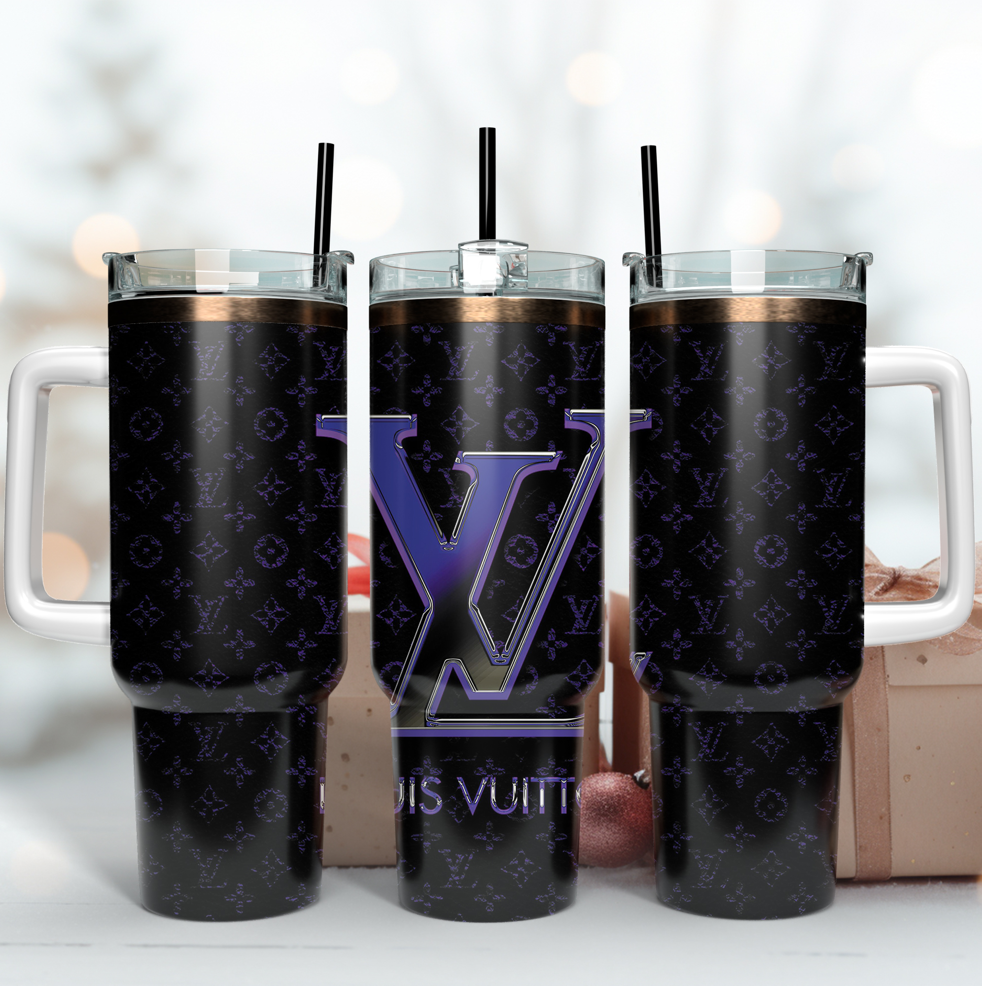 Louis Vuitton Deep Purlple LV Logo Custom Stanley Quencher 40oz Stainless Steel Tumbler With Handle
