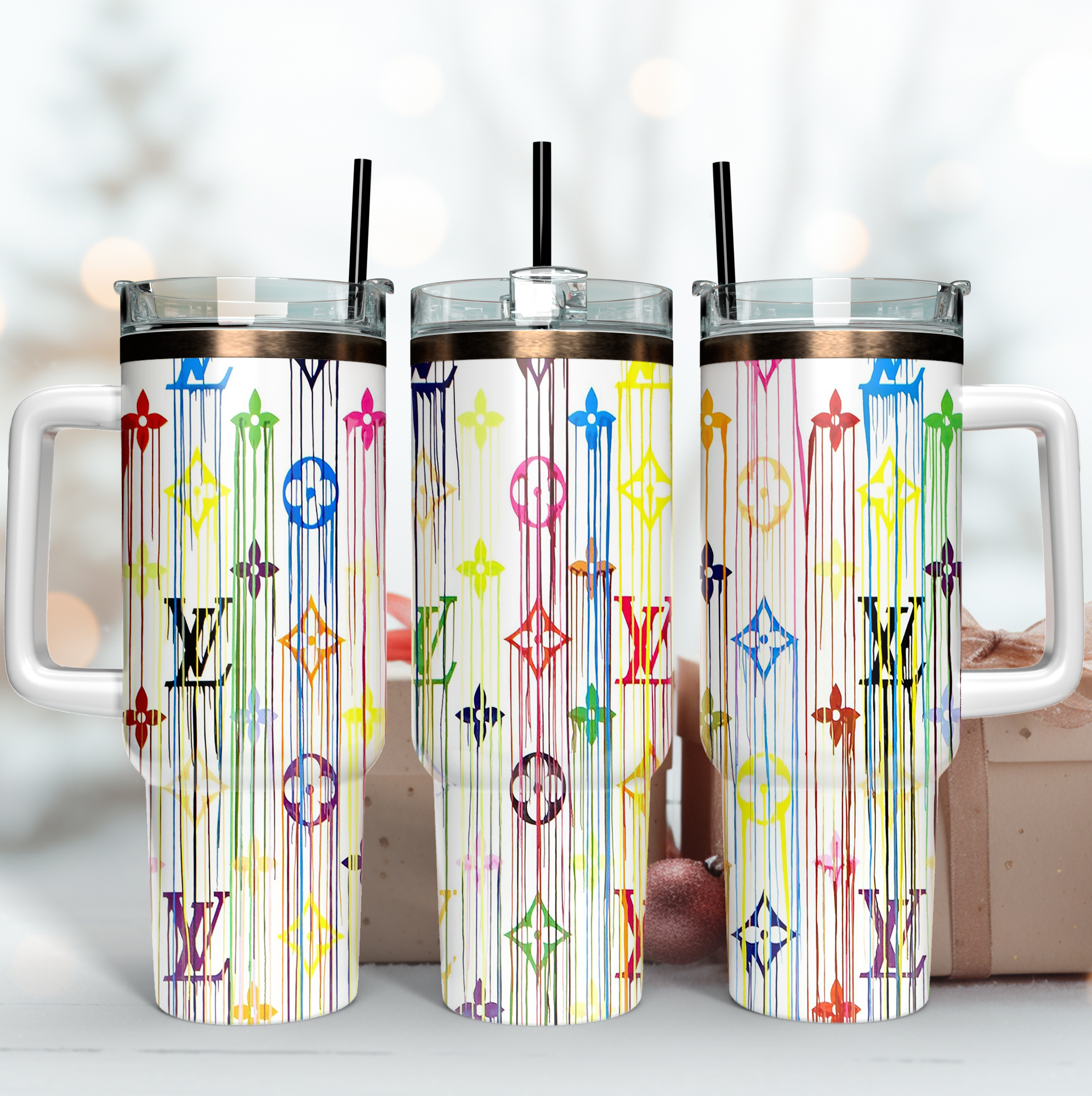 Louis Vuitton Dripping Colorful LV Logo Custom Stanley Quencher 40oz Stainless Steel Tumbler With Handle