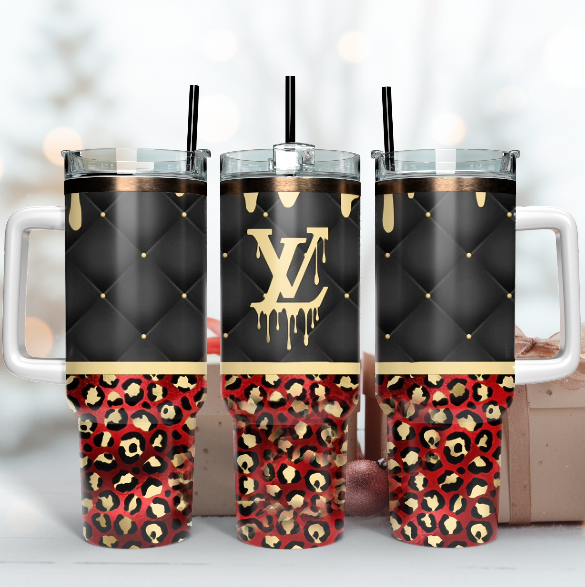 Louis Vuitton Dripping LV Logo Leopard Print Custom Stanley Quencher 40oz Stainless Steel Tumbler With Handle