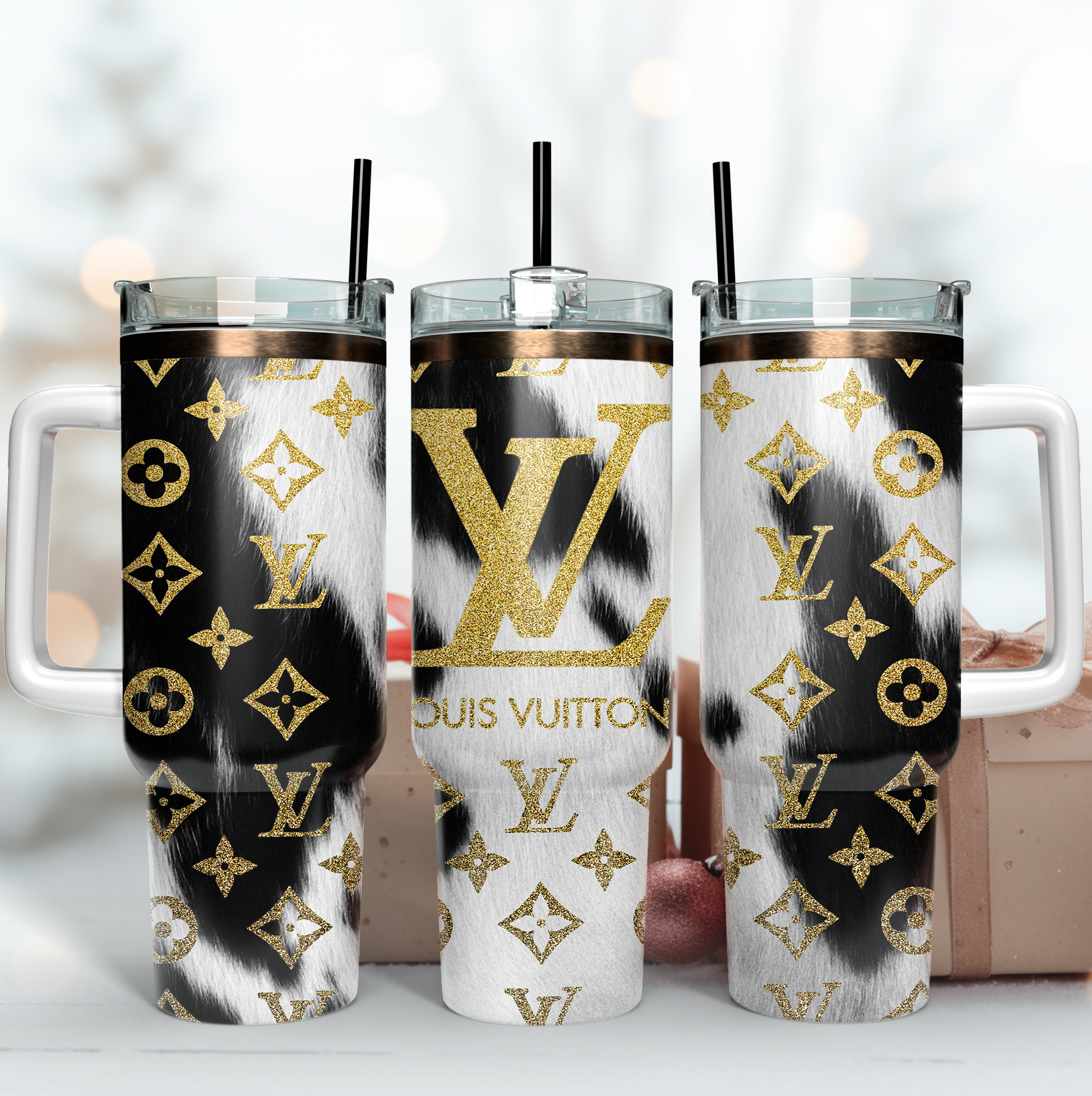 Louis Vuitton Glitter LV Logo Cowhide Custom Stanley Quencher 40oz Stainless Steel Tumbler With Handle