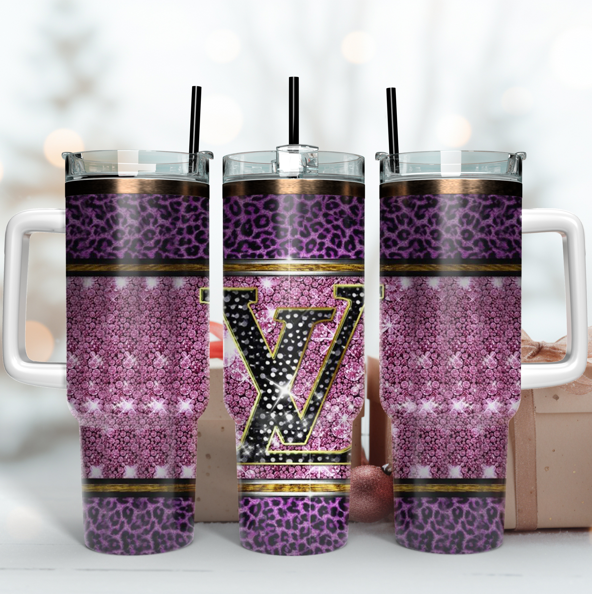 Louis Vuitton Glitter LV Logo Custom Stanley Quencher 40oz Stainless Steel Tumbler With Handle
