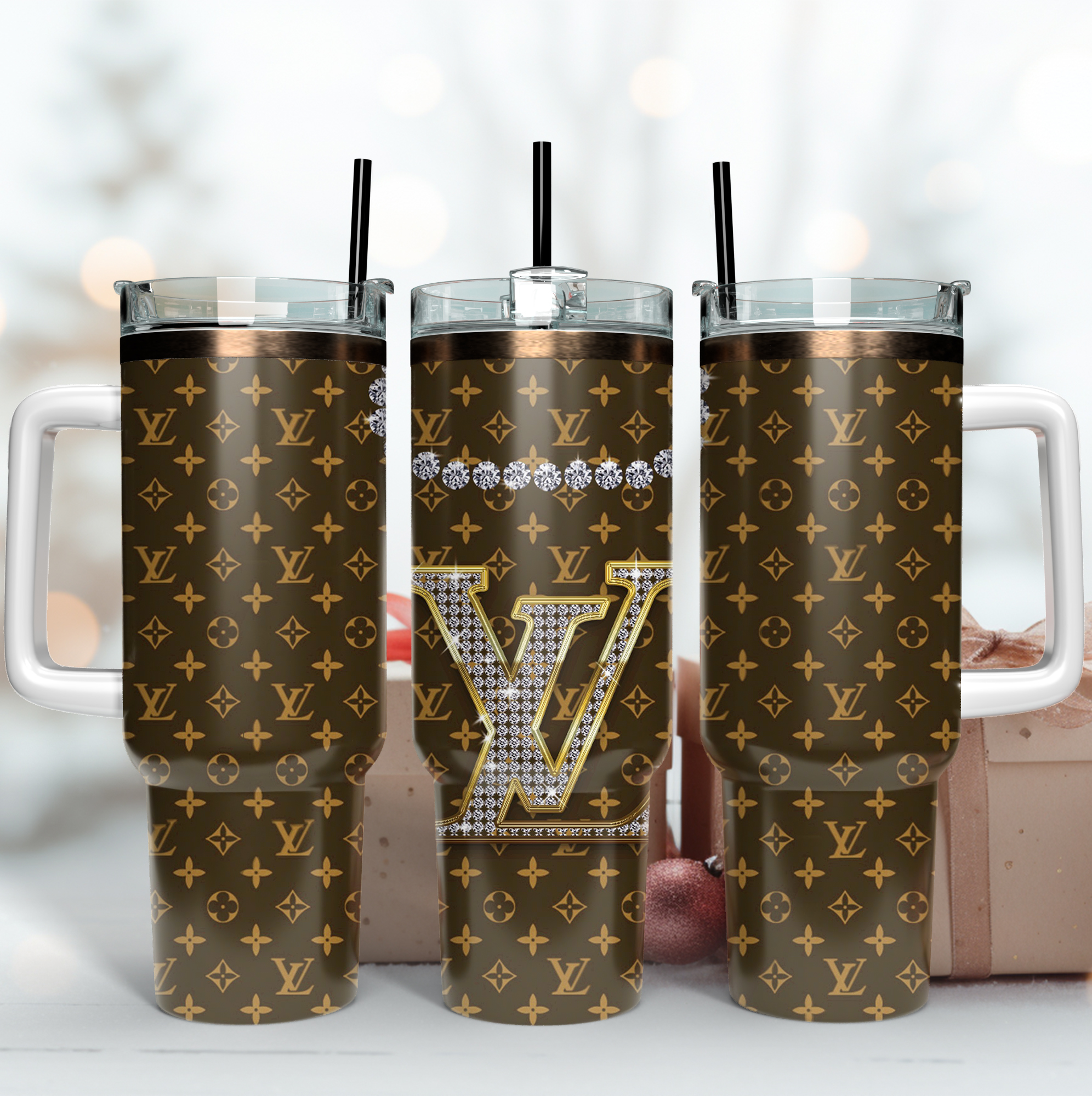 Louis Vuitton Glitter LV Logo Custom Stanley Quencher 40oz Stainless Steel Tumbler With Handle