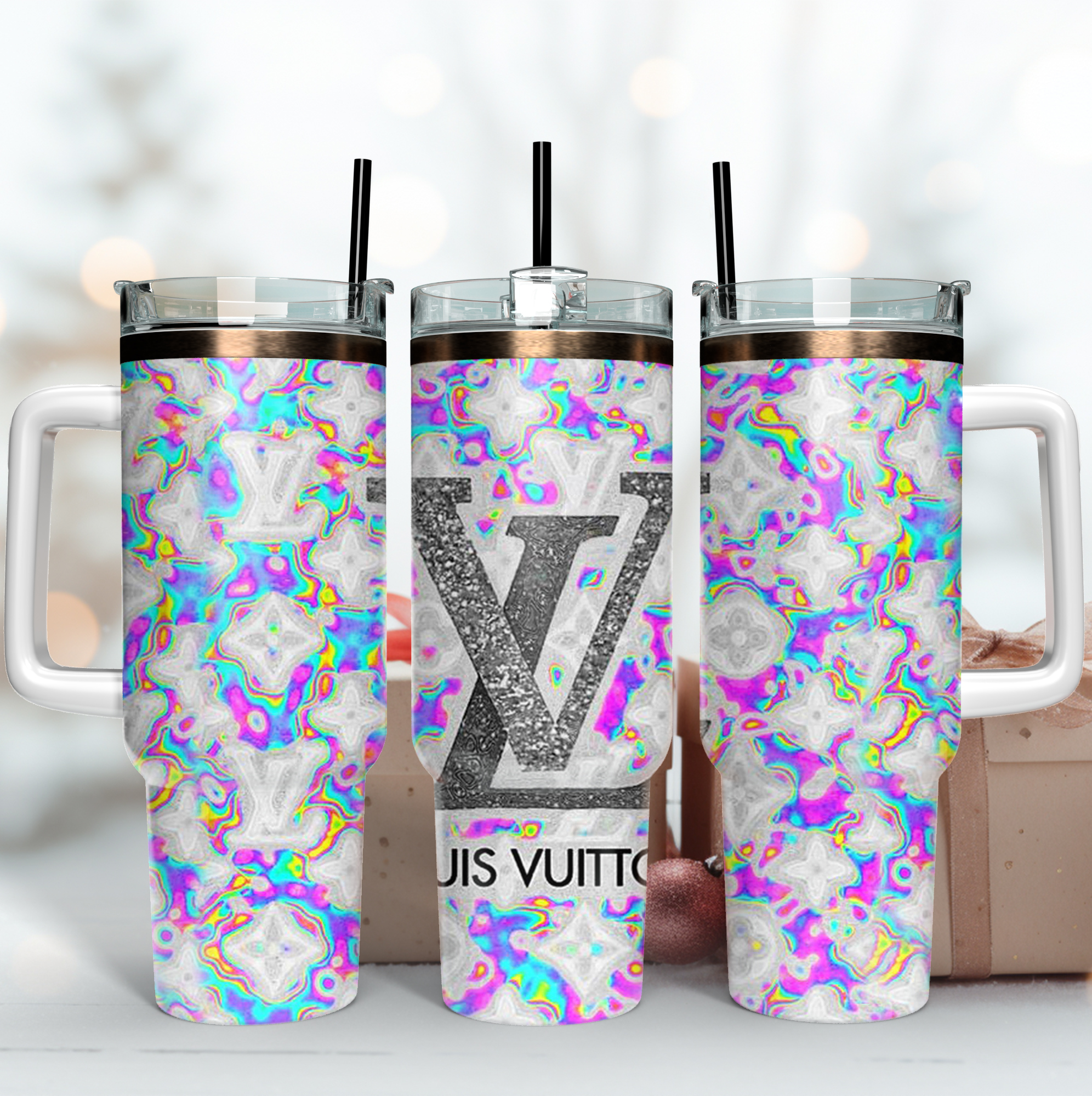 Louis Vuitton Glitter LV Logo Custom Stanley Quencher 40oz Stainless Steel Tumbler With Handle