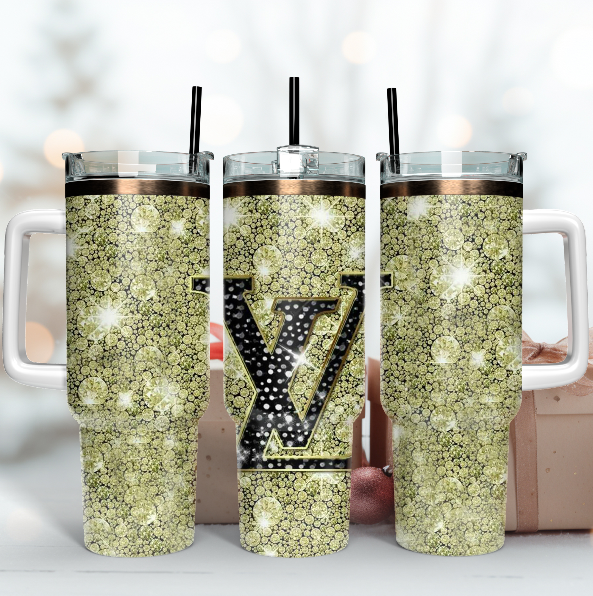 Louis Vuitton Glitter LV Logo Custom Stanley Quencher 40oz Stainless Steel Tumbler With Handle