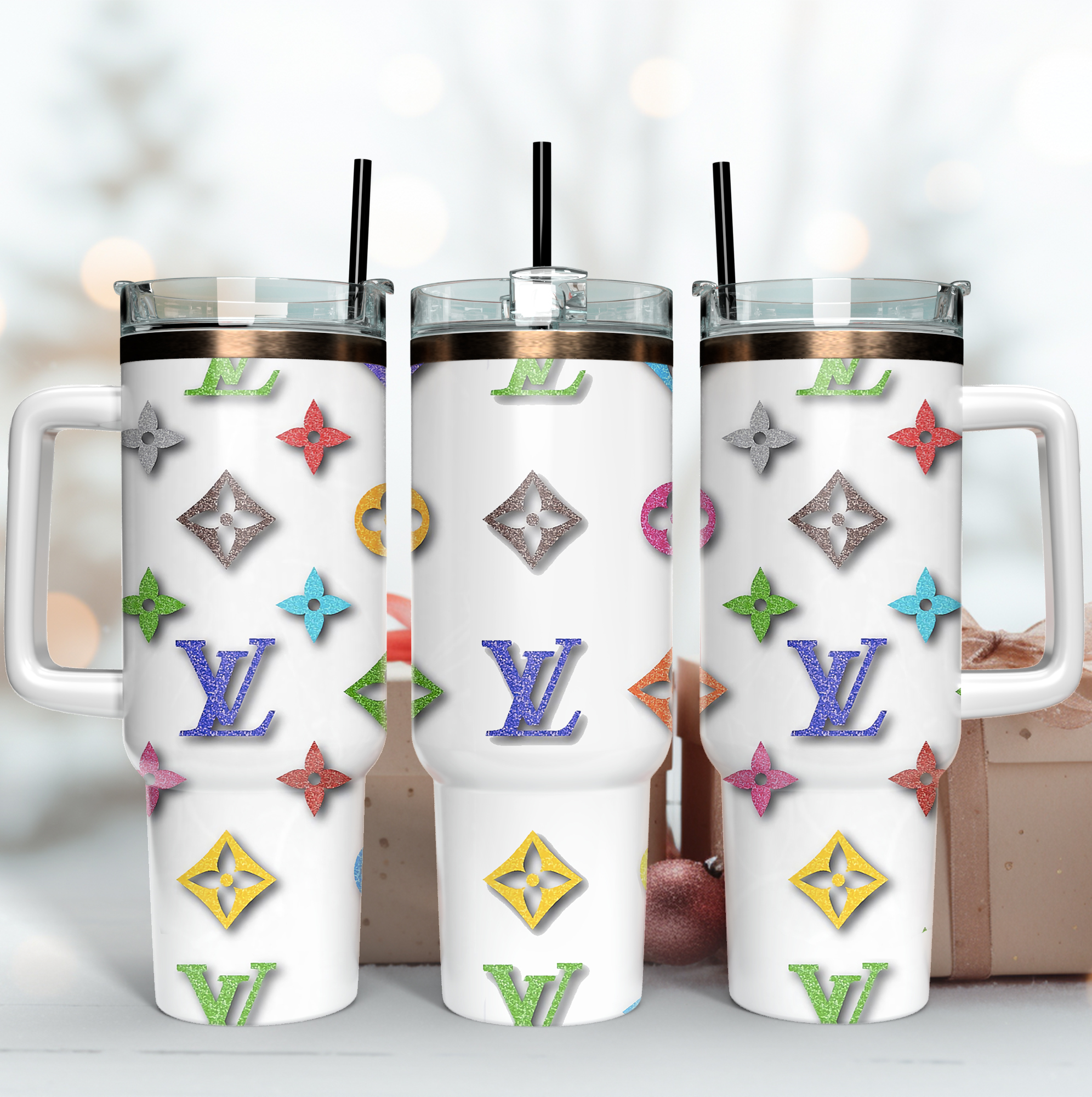 Louis Vuitton Glitter LV Logo Custom Stanley Quencher 40oz Stainless Steel Tumbler With Handle