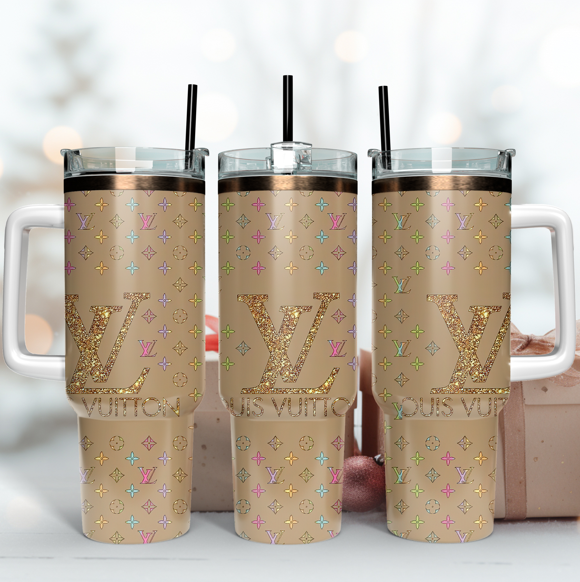 Louis Vuitton Gold Glitter LV Logo Custom Stanley Quencher 40oz Stainless Steel Tumbler With Handle