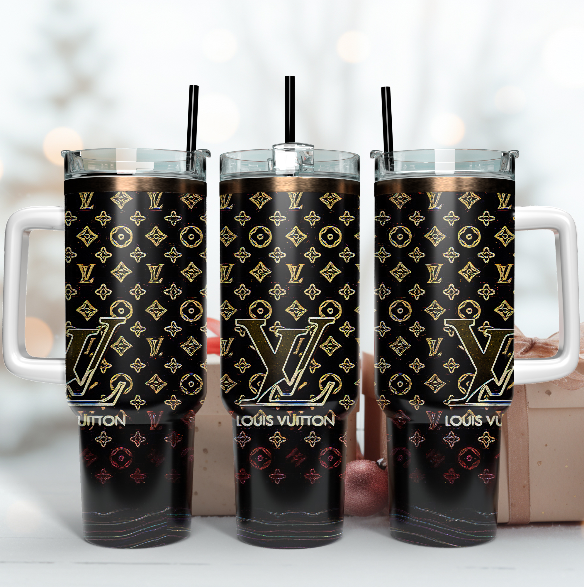 Louis Vuitton Gold LV Logo Custom Stanley Quencher 40oz Stainless Steel Tumbler With Handle