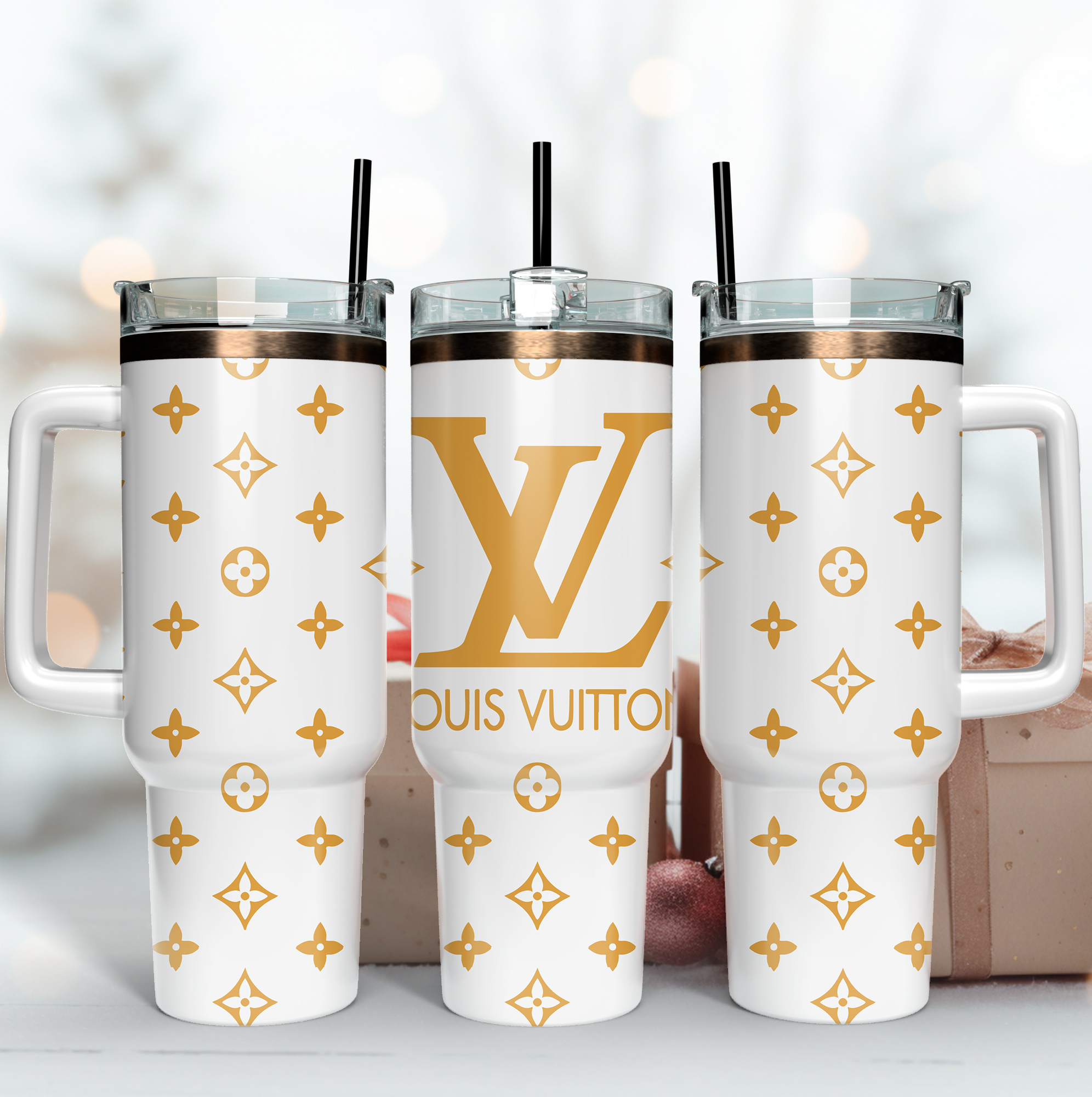 Louis Vuitton Gold LV Logo Custom Stanley Quencher 40oz Stainless Steel Tumbler With Handle