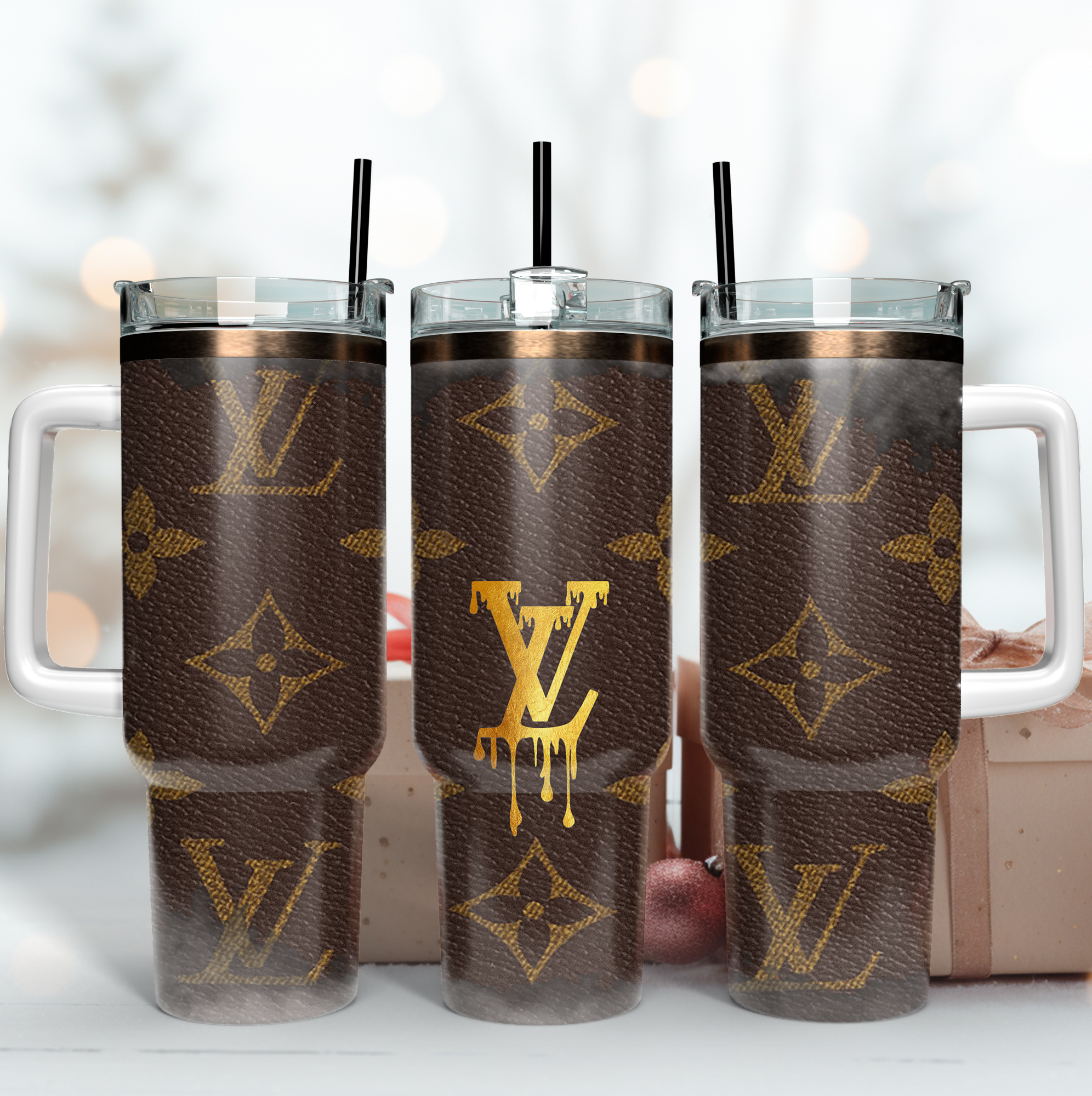 Louis Vuitton Golden LV Leather Pattern Custom Stanley Quencher 40oz Stainless Steel Tumbler With Handle