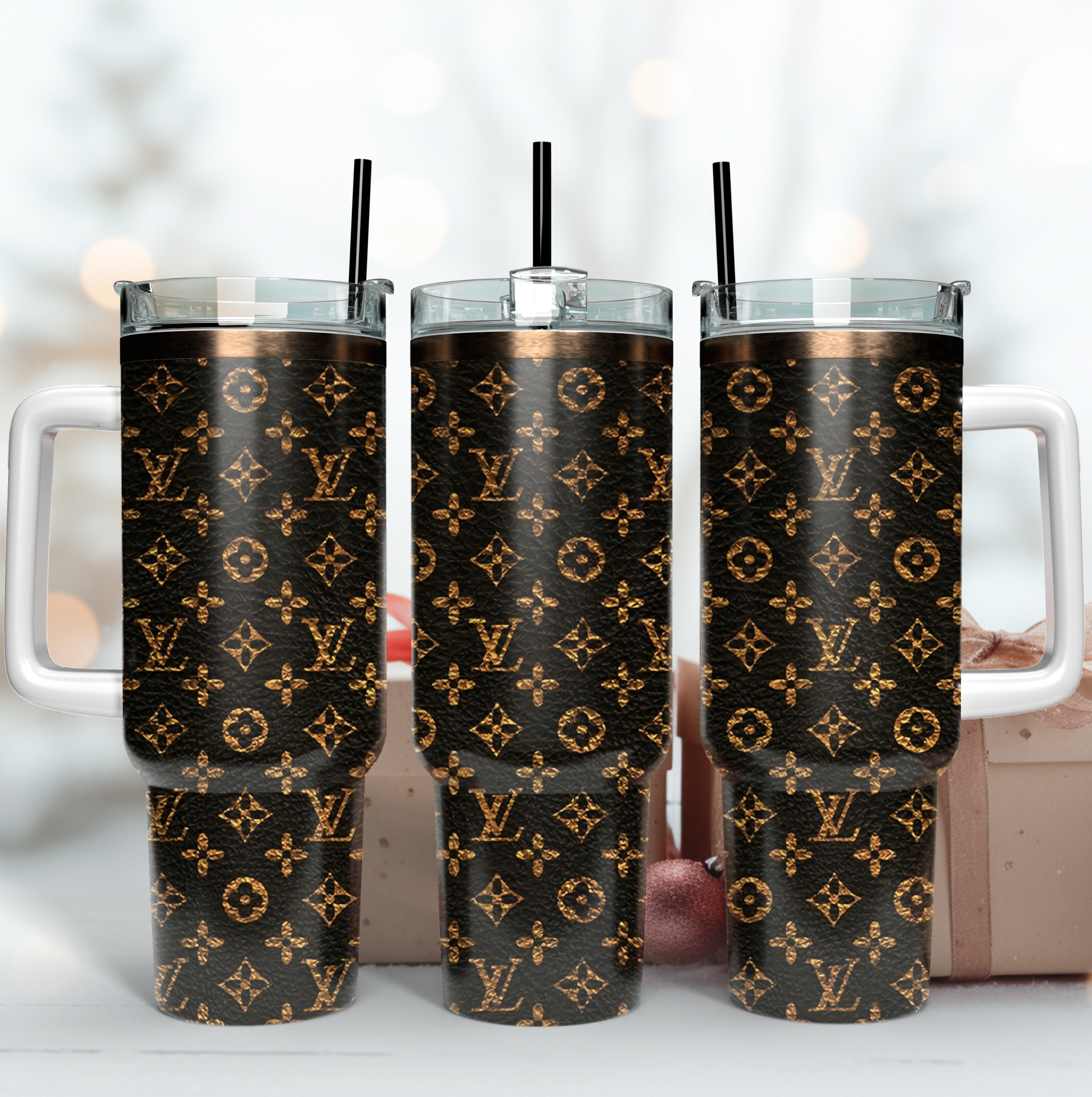 Louis Vuitton Golden LV Leather Pattern Custom Stanley Quencher 40oz Stainless Steel Tumbler With Handle