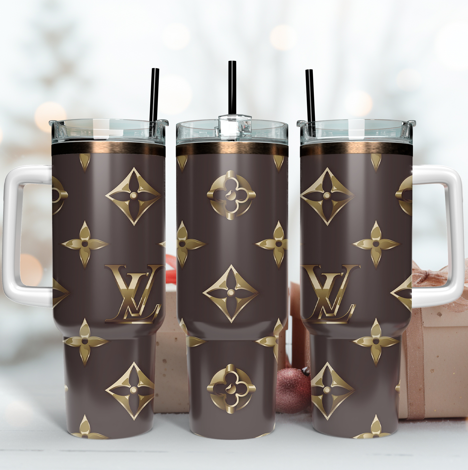 Louis Vuitton Golden LV Logo Custom Stanley Quencher 40oz Stainless Steel Tumbler With Handle