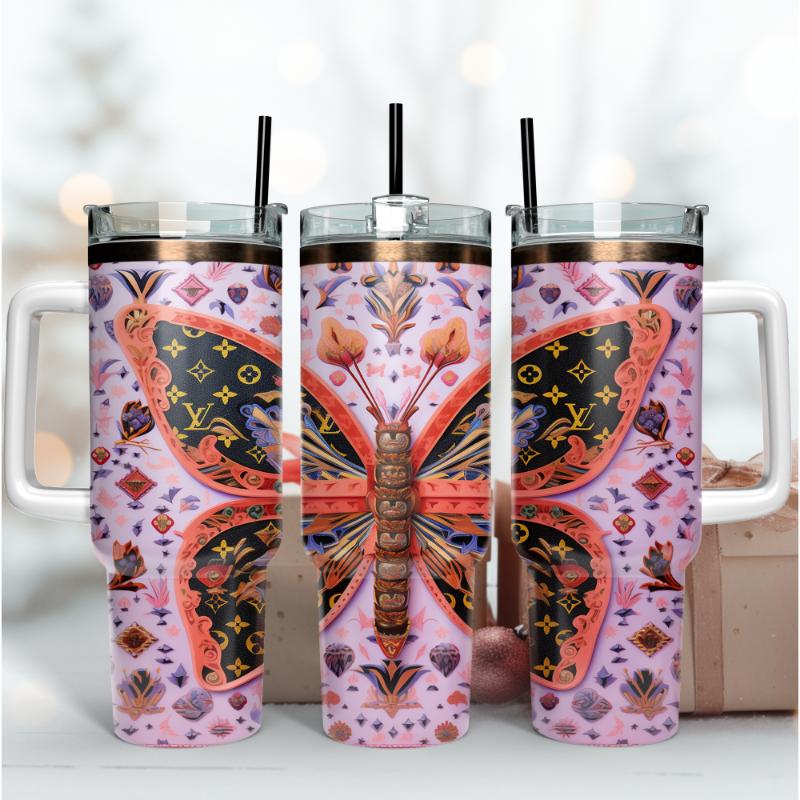 Louis Vuitton LV 3D Butterfly Pattern Custom Stanley Quencher 40oz Stainless Steel Tumbler With Handle