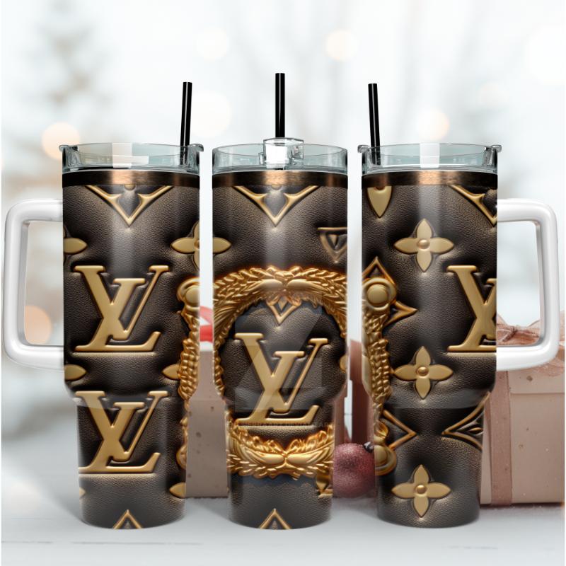 Louis Vuitton LV 3D Golden Logo Custom Stanley Quencher 40oz Stainless Steel Tumbler With Handle