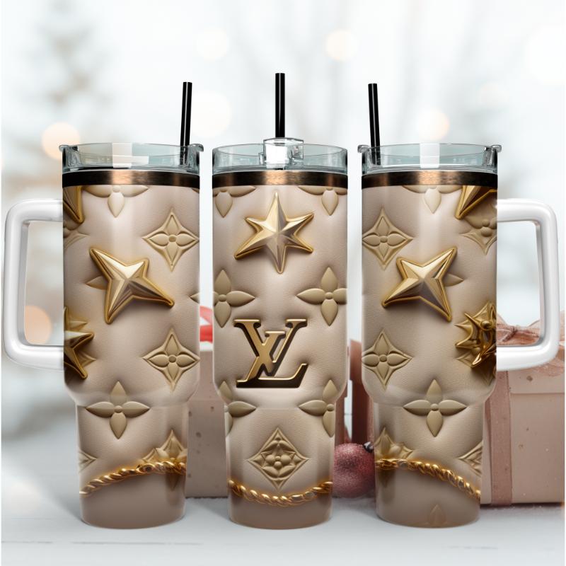 Louis Vuitton LV 3D Golden Logo Custom Stanley Quencher 40oz Stainless Steel Tumbler With Handle