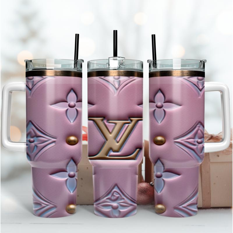 Louis Vuitton LV 3D Golden Logo Custom Stanley Quencher 40oz Stainless Steel Tumbler With Handle