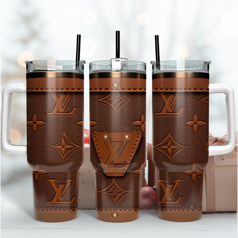 Louis Vuitton LV 3D Leather Pattern Custom Stanley Quencher 40oz Stainless Steel Tumbler With Handle